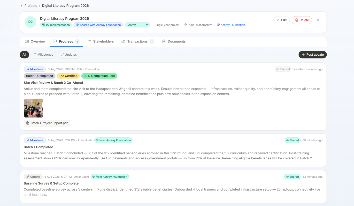 CSRPath ONE Partner Handshake progress view showing shared milestones, updates, and evidence between a company and its NGO implementing partner
